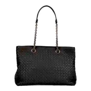 BOTTEGA VENETA Medium Intrecciato Double
Chain Shoulder Bag Black Leather